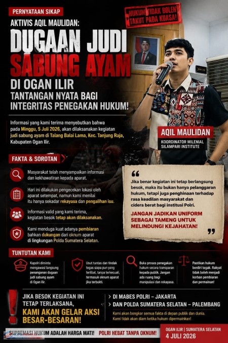 Aktivis Aqil Maulidan Desak Kapolri Awasi Penanganan Dugaan Judi Sabung Ayam di Ogan Ilir dan Dugaan Adanya Backing dari Aparat